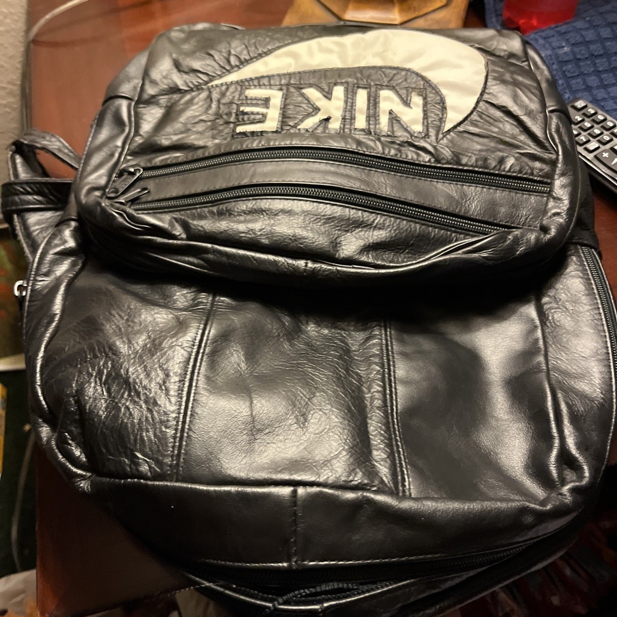 Vintage 80s/90s Genuine Leather Nike Backpack Black W/ White