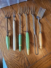 6 Vtg Stainless Pastry Serving Fork Green Whi...