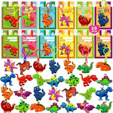 28 Pack Valentines Dinosaur Keychains with Greeting Cards , Valentines Day Gi...