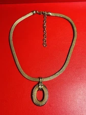 Gold Tone Oval Round Door Knocker Pendant Mesh Snake Chain Necklace Vintage
