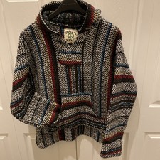 Baja Joe Drug Rug Hooded Poncho Hoodie M Multicolor Mexico Blue Red White