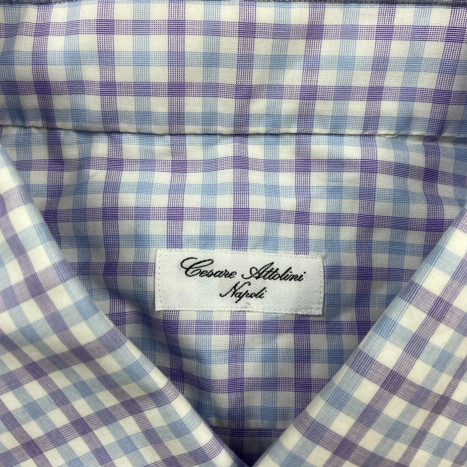 Cesare Attolini Napoli Oxford Button Shirt Medium 17.5 Purple White Dress Mens - Image 4 of 4