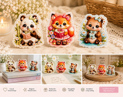 3 Kawaii Animal Magnetic Bookmarks Handmade Laminated Panda Fox Bear Book Lover