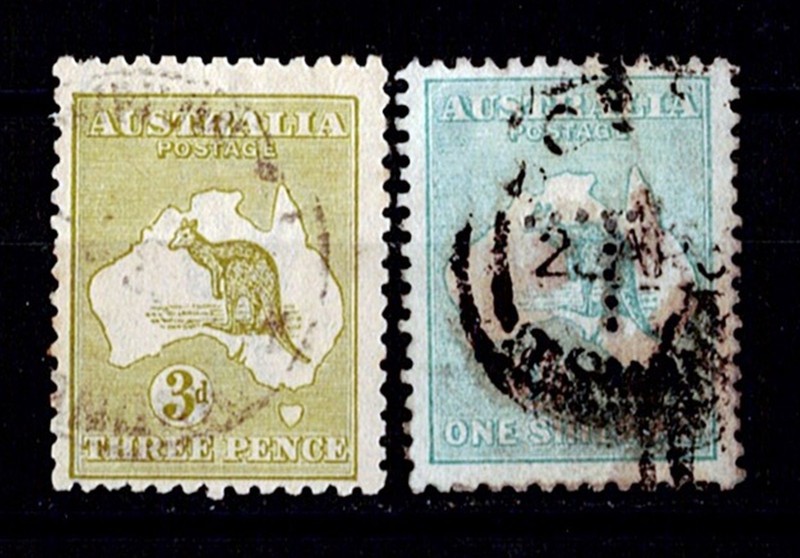 Australia 1913. 2 good CV of Kangaroo 3p, 1 shilling Fine Used