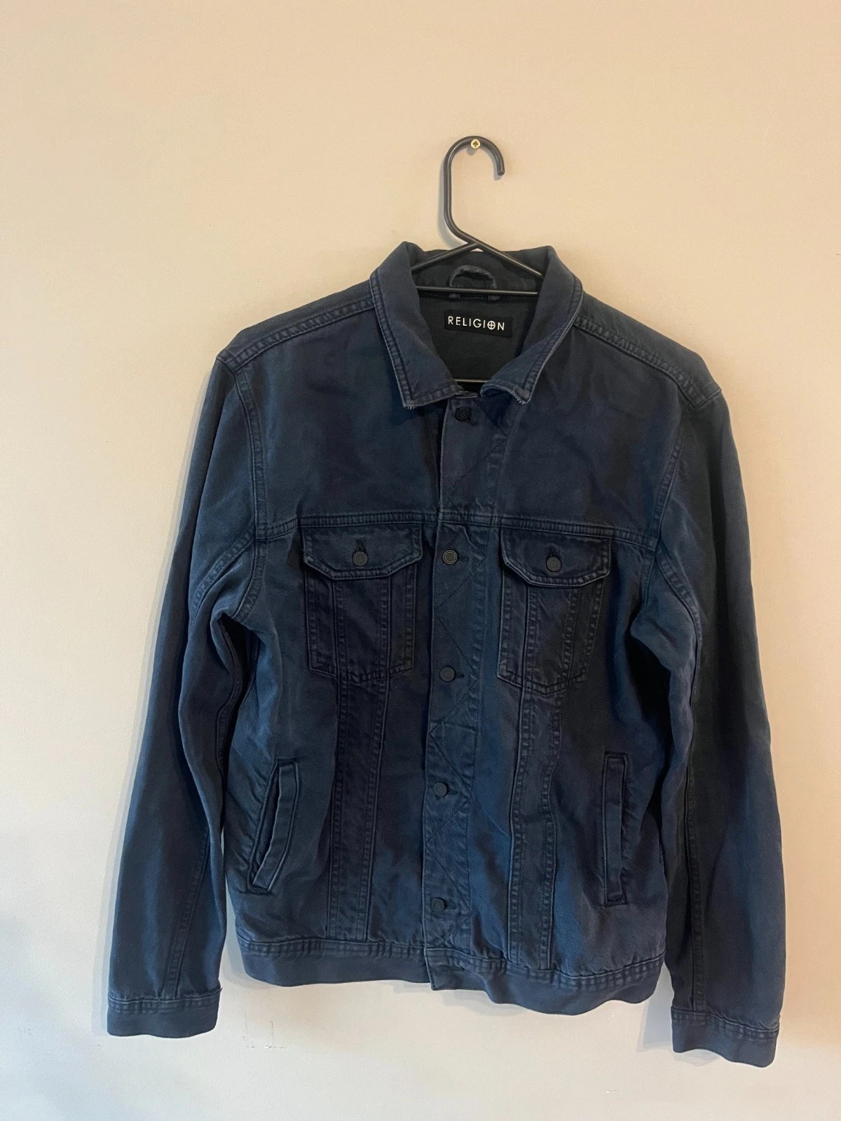 Religion Denim Jacket Jean Button Up Black Washed Cotton Size Men M