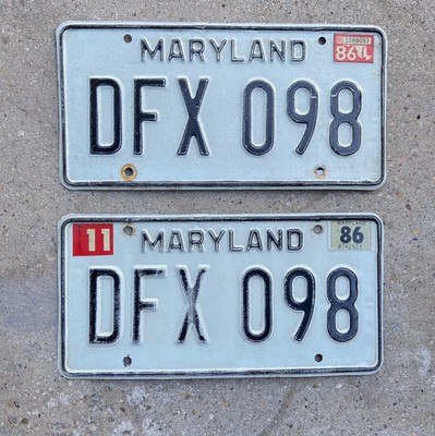 1981 1986 Maryland License Plate Pair Auto Tag Garage Decor Vintage DFX 098