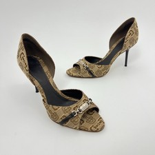 Gucci | D'Orsay Silver Logo Hardware Strap Beige Pattern Stiletto Heels (37)
