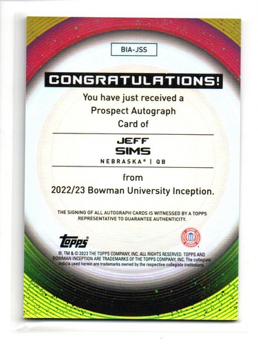 2022-23 Bowman University Inception #BIA-JSS Jeff Sims Base Autographs - Picture 2 of 2