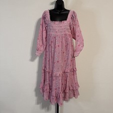 $475 LoveShackFancy Pink "Miri" Dress w/ Square Smocked Bodice Ruffle Hem - LRG