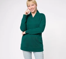 Denim & Co. Active French Terry Pleated V-Neck Tunic-Evergreen-XS-NEW-A555533