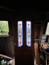 Vintage Solid Oak Twin Panel Stained Glass Interior Door Triple Glazed Heavy