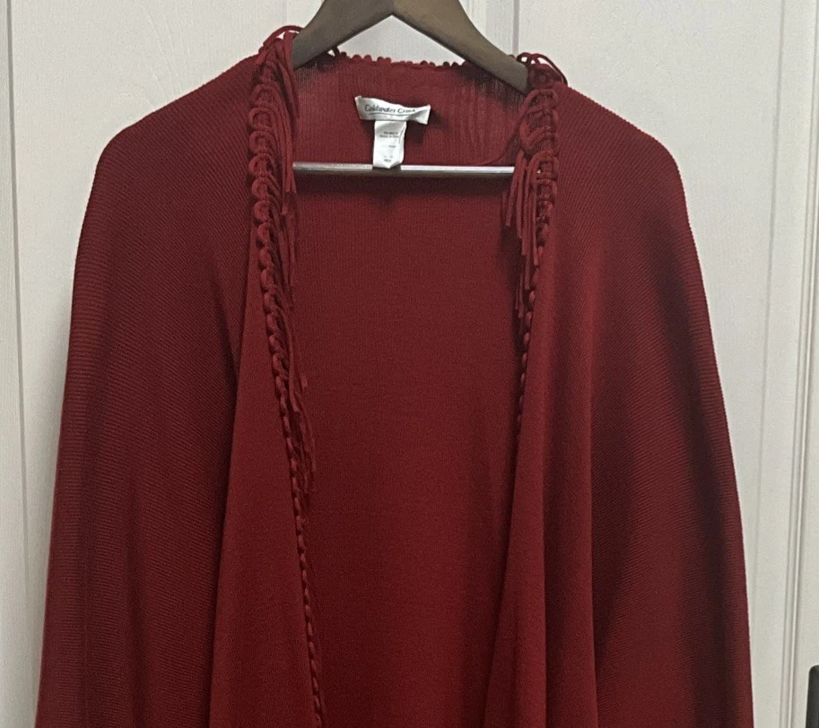 COLDWATER CREEK Poncho OS Fringed Wrap Shawl Open Front Cardigan Cape Red