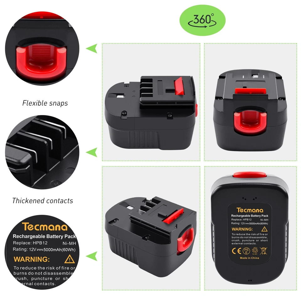 TECMANA 5000mAh 12V Ni-MH Akku/Ladegerät für Black & Decker A12 A1712 FSB12 HPB12 FS120