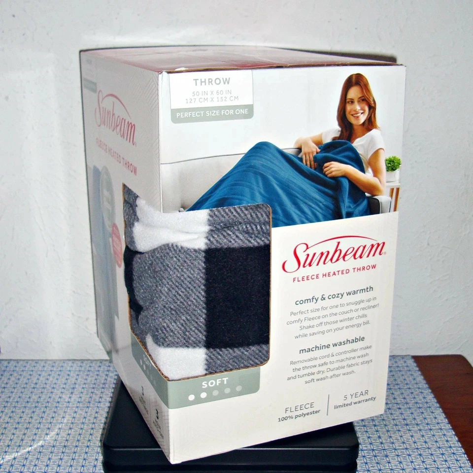 【NOVO】SUNBEAM ELÉTRICO FLEECE LANCE AQUECIDO (50" X 60"), XADREZ PRETO/BRANCO - Imagem 2 de 4