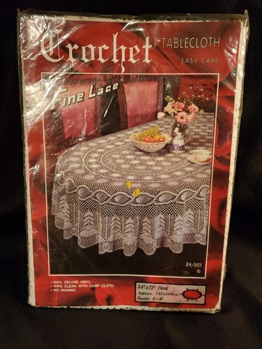 Vintage Crochet Vinyl Fine Lace Oval Tablecloth 54" x 72" Ivory
