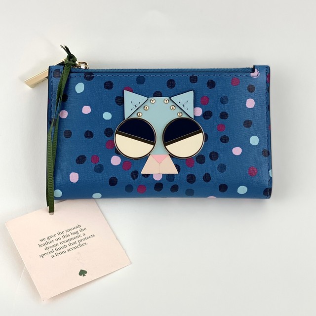 Kate Spade Smitten Kitten Small Slim Wallet Spademals Aquarium Blue Cat
