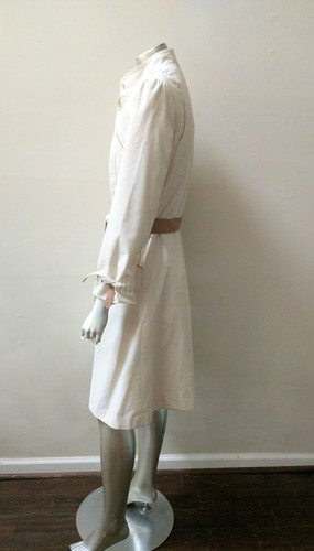 RETRO VINTAGE 80s COTTON MOD PUFF SLEEVES BROWN TRIM BELTED TRENCH COAT sz 5 - Picture 3 of 6