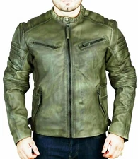 Mens Biker Vintage Motorcycle Distressed Olive Men Cafe Racer Leather Jacket