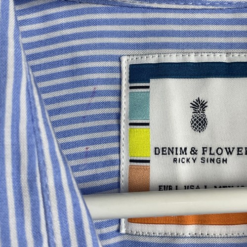 Denim & Flower Ricky Singh Blue White Striped Fruit Slices Button Up Shirt SZ L - Picture 8 of 8