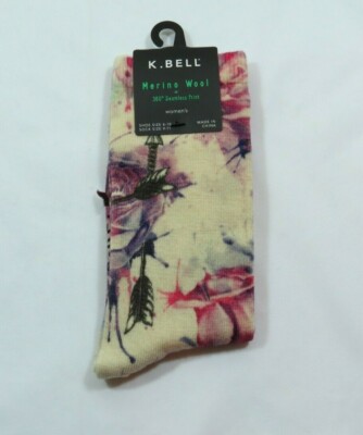  K Bell Womens Merino Wool Blend Boho Flowers Arrows Beige Crew Socks Size 9-11