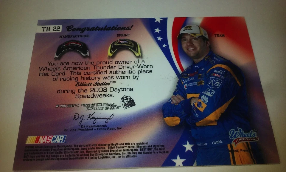 Elliott Sadler Autographed Raced Used Triple Hat Wheels 2008 Card 50/99 Daytona - Image 4 of 4