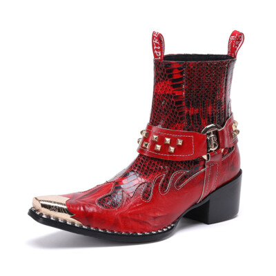 New Men's Leather Western Cowboy Boots Buckle Punk Boot