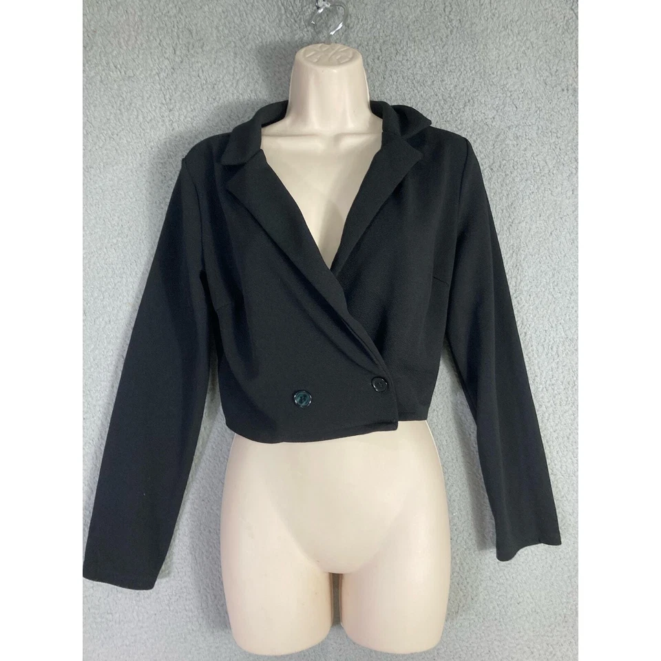 Women's Black Cropped Blazer Jacket Size L Double-Breasted - Image 3 of 4