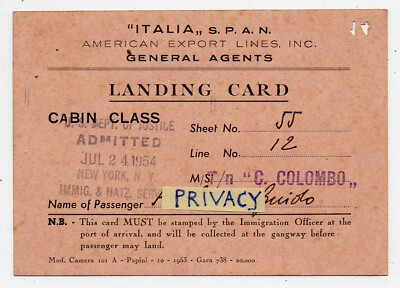 LANDING CARD - TRANSATLANTIC C COLOMBO - Italy S.P.A.N. - NEW YORK - Year 1954