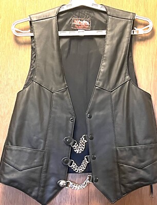 HILLSIDE Black Leather Vest Snap Button w/ Chain Western Motorcycle Sz 44 Lg USA