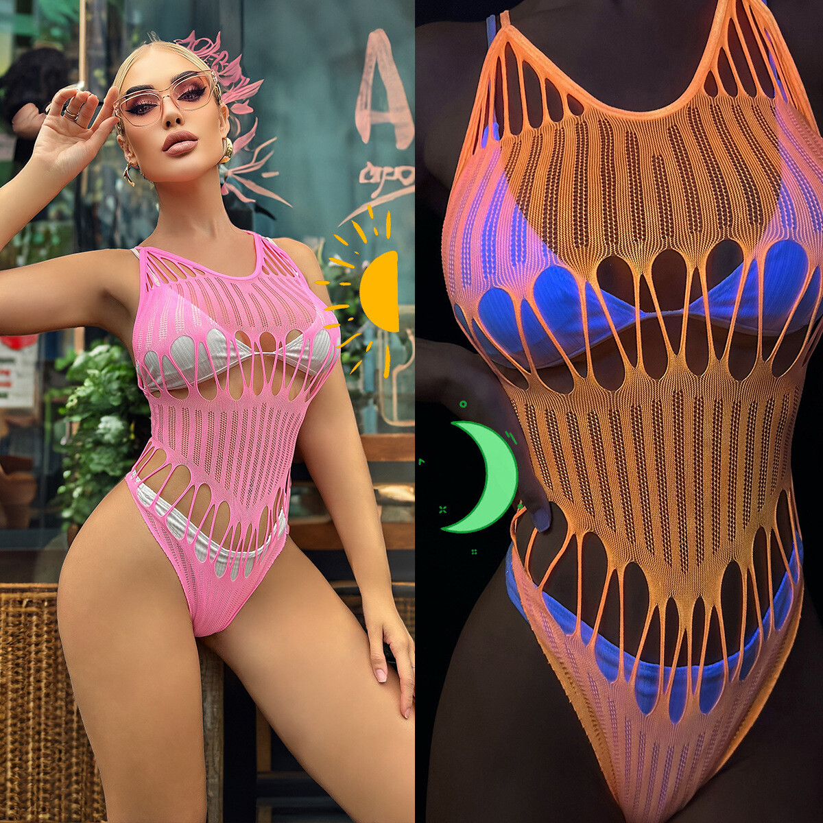 Sexy Lingerie Fishnet Bodysuit Babydoll Nightwear Bikini Outfit Glow In The  Dark