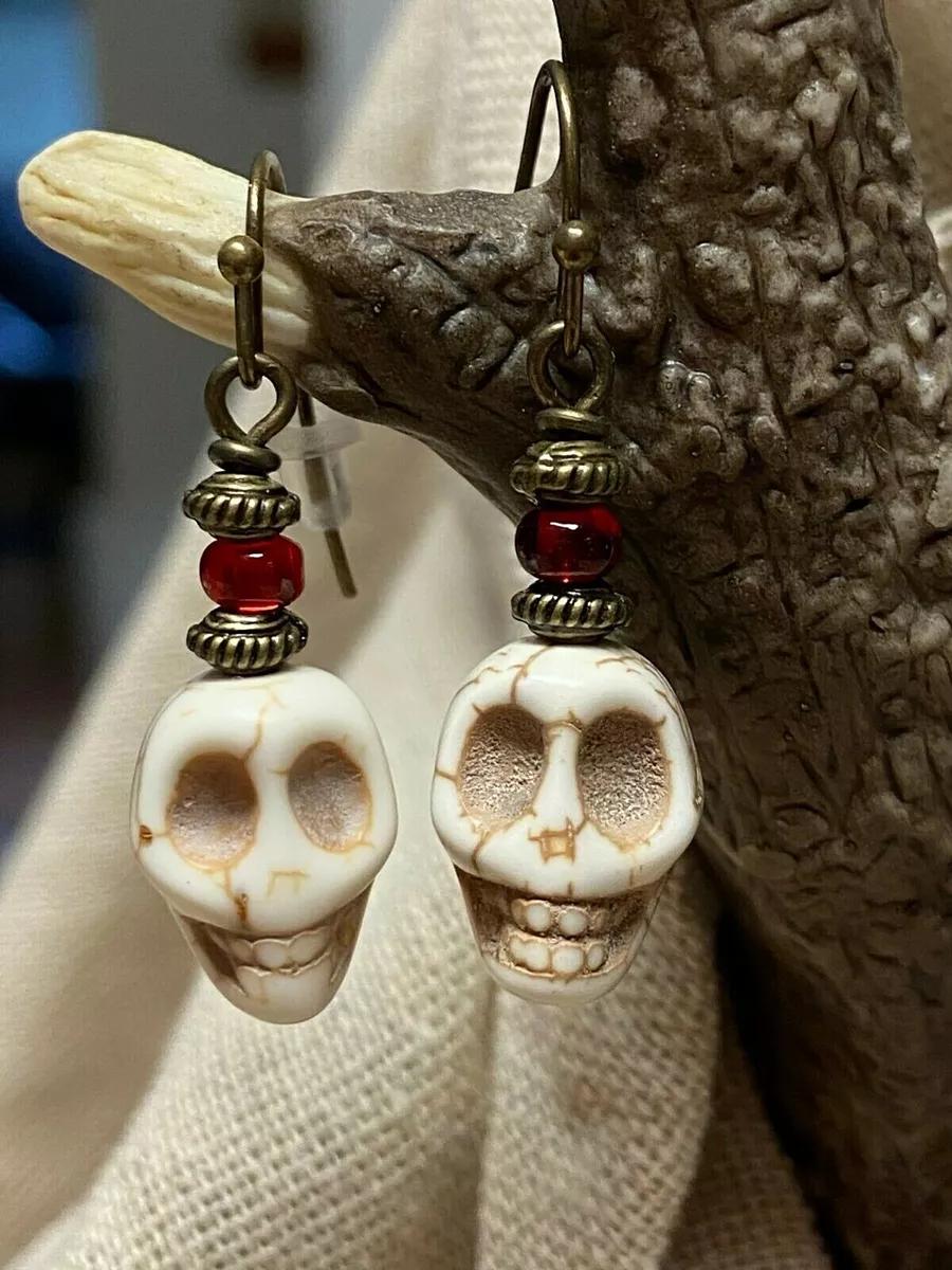 Skull Earrings Natural Stone Bronze Dangle Drop. 1 1 4