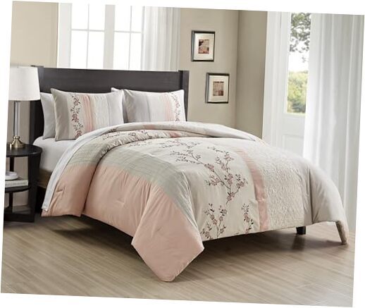 Everly Bed in a Bag 7-Pieces Luxury Queen Blush/Neutral/Taupe Cherry Blossom