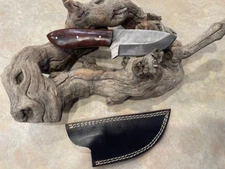 Custom Made Wood Handle Damascus Steel hunter/skinner knife leather sheath