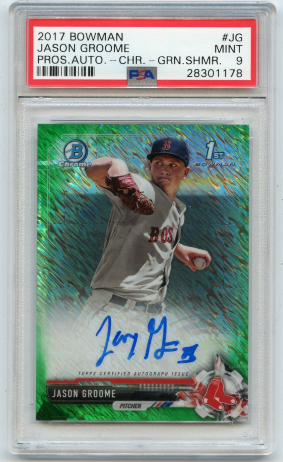 2017 BOWMAN CHROME #CPA-JG JASON GROOME AUTOGRAPH GREEN SHIMMER RC #67/99, PSA 9