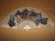 VINTAGE OLD RECORD DE BARCELONA MARKET SQUARE  LARGE 14" HIGH  HAND FAN