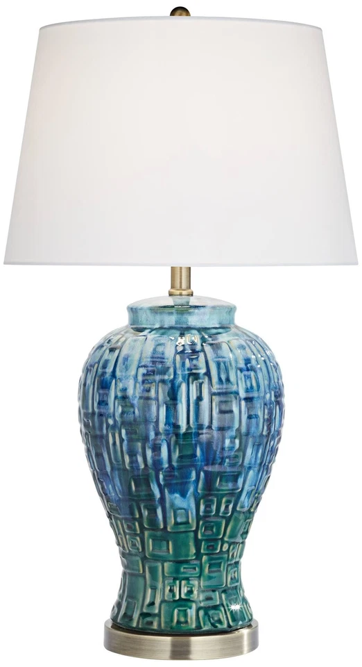 Asian Modern Table Lamp 27 Tall Teal Glaze Textured Ceramic Temple Jar White Tap - Image 2 of 4