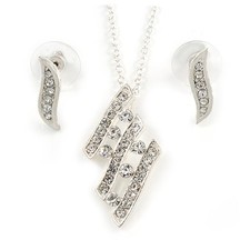 Clear Austrian Crystal Leaf Pendant With Silver Chain and Stud Earrings Set -