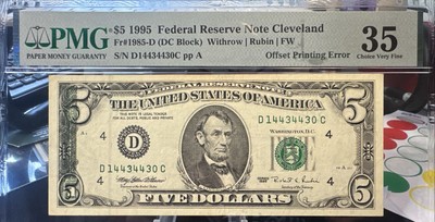 😎 Rare 1995 $5 FRN Bill Reverse Offset Misprint Front Side Error