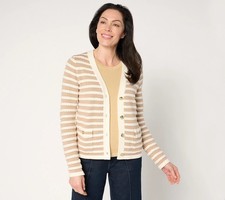 Isaac Mizrahi Live Size 2X Striped Button-Front Sweater Cardigan TAN A676084