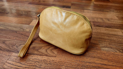 Vintage Camel Leather Bag Clutch Wristlet Cosmetic Distressed Bag, Luca