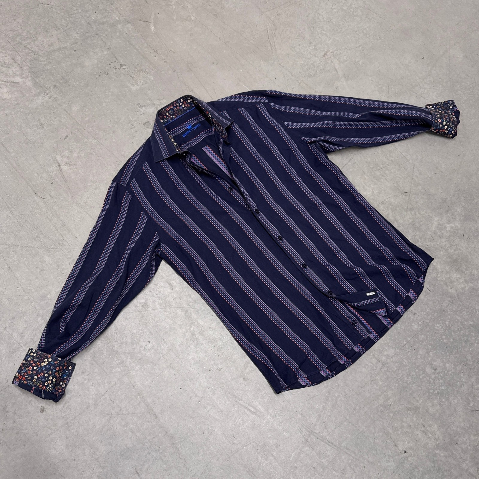 Bertigo Striped Floral Pattern Button Up Navy Blu… - image 3