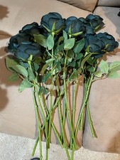 12 Dark Green Fake Roses With Full Stems