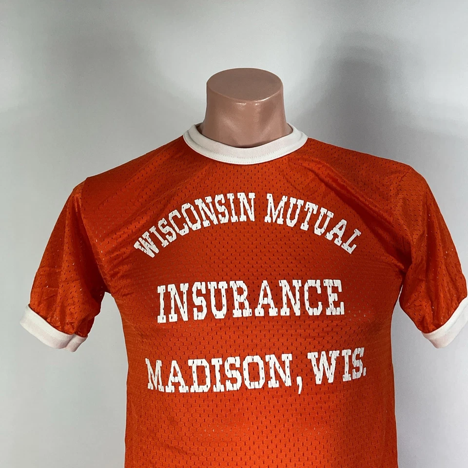 Camiseta deportiva de béisbol de colección años 80 Madison Wisconsin seguro mutuo para hombre pequeña naranja Foto 3 de 4