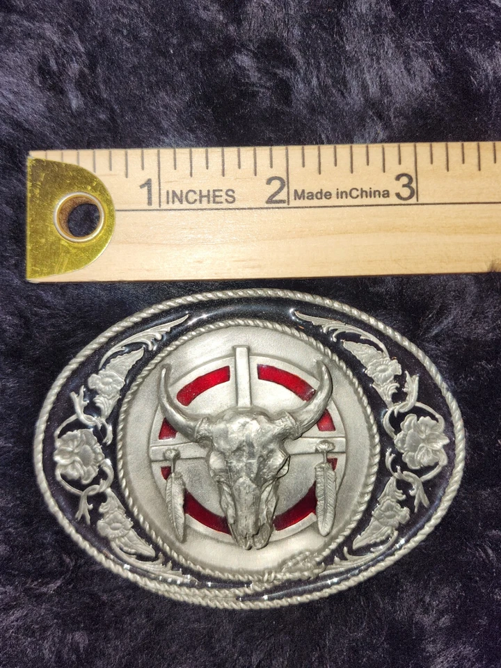 De colección Mujer Western Longhorn 1991 Siskiyou Cinturón Hebilla Calavera y Pluma Foto 2 de 4