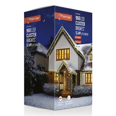 PREMIER DECORATIONS 960 Cluster Lights Warm White LED Multi-Action Lights In/Outdoor +Timer