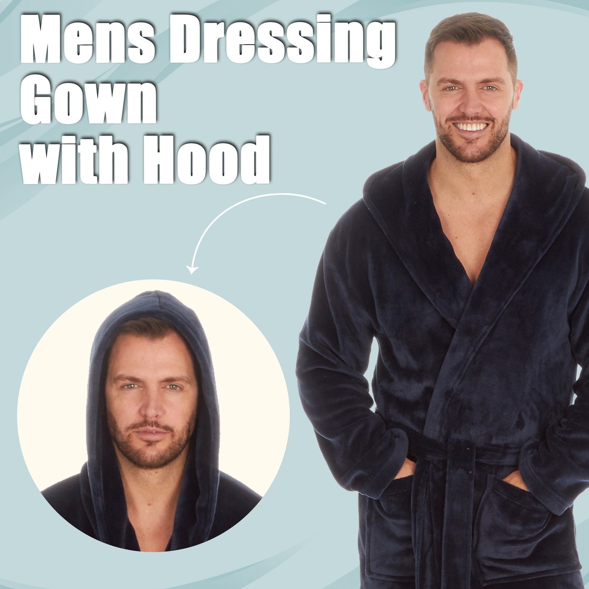 Mens Navy Dressing Gown Bath Robe with Hood Pockets Knee Length Luxury S M  L XXL