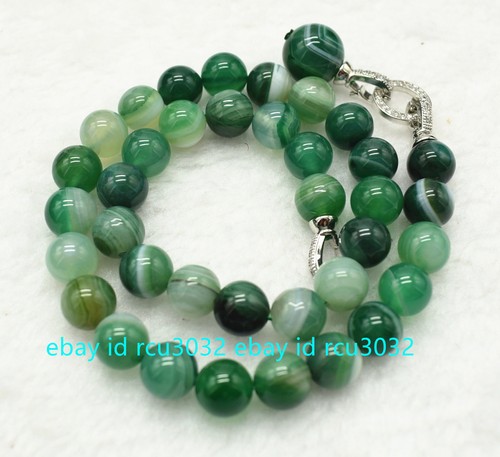 Genuine Natural 10mm Green Stripe Agate Round Beads Pendant Necklace 20" AAA - Picture 11 of 12