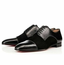 Men's Handmade Genuine Black Leather  Black Suede Toe Cap Lace Up Formal Shoes
