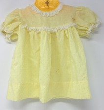 Vintage Girls Infants Toddlers Yellow White Dress Textured Dots Puffy Sleeves