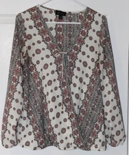 AB STUDIO WRAP TOP L CREAM,RED,GRAY ABSTRACT ￼LONG BALLOON ELASTIC SLV WOMENS